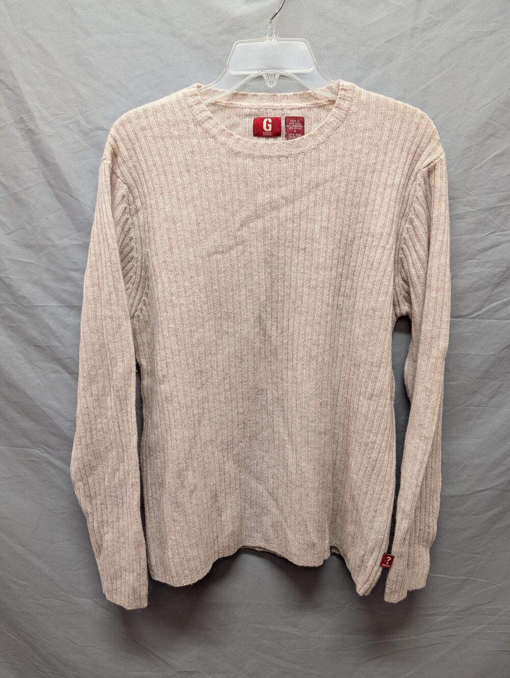 Guess Jeans Sweater Mens Small Oat Beige Lambswool Ribbed Knit Crewneck Pullover